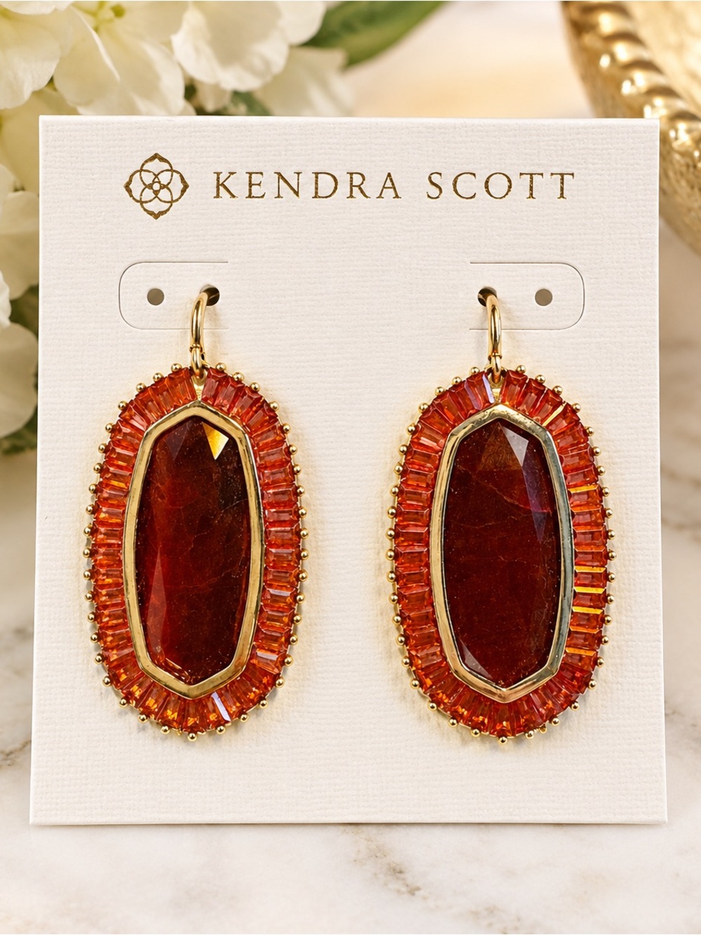 Kendra Scott Deep Red Faceted Drop Earrings with Gold Tone